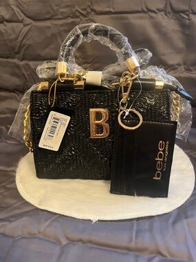 BeBe Black Textured Mini Satchel with Gold Accents and Card Holder